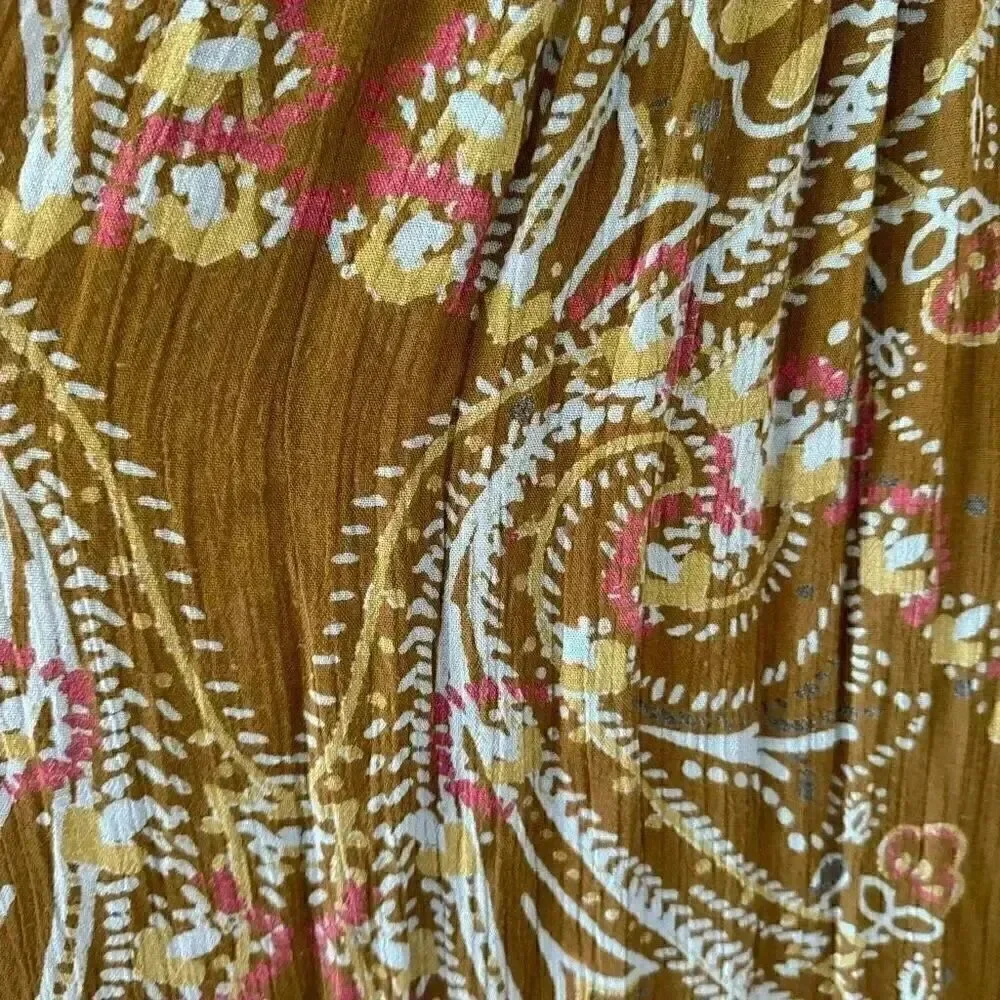 Free People  Brown green hippie babydoll peasant dress balloon sleeves S #1993